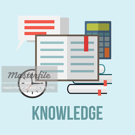 Knowledge concept. Books, calculator,clock, letter and bubble speech. Flat style vector illustration.