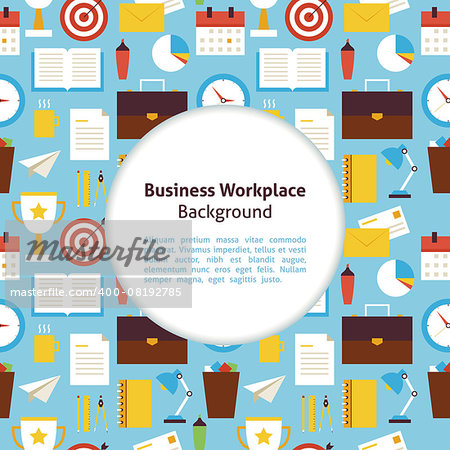 Flat Vector Business Workplace Background. Flat Style Vector Illustration for Office Business Life Promotion Template. Colorful Office Tools and Objects for Advertising. Corporate Identity with Text