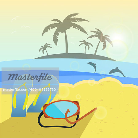 Vector illustration, summer beach, slippers and snorkeling. Summer background
