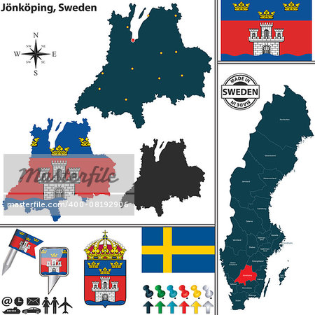 Vector map of county Jonkoping with coat of arms and location on Sweden map