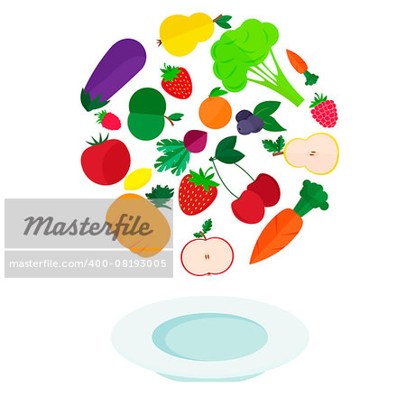 Flat vector illustration - plate with fresh vegetables and fruits