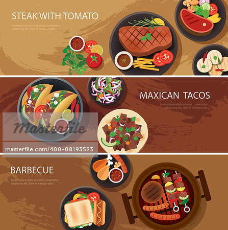 street food web banner, steak , maxican tacos, barbecue