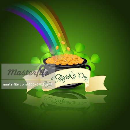 St. Patricks Day Cauldron with Gold Coins, Rainbow and Shamrock