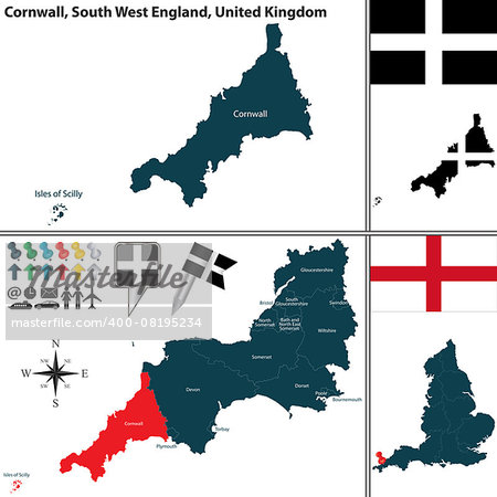 Vector map of Cornwall in South West England, United Kingdom with regions and flags