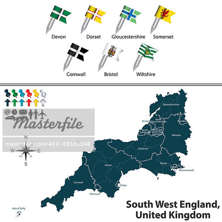 Vector map of South West England, United Kingdom with regions and flags