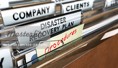 Close up on a file tab with the text Distaster Recovery Plan, focus on the main text and blur effect. Concept image for illustration of DRP ans crisis communication.