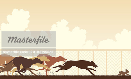 EPS8 editable vector illustration of greyhound dogs racing around a track