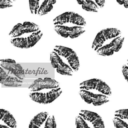 Seamless texture of black lips prints on white background. vector illustration.