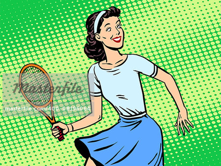 Young woman playing tennis retro style pop art. Sport active lifestyle