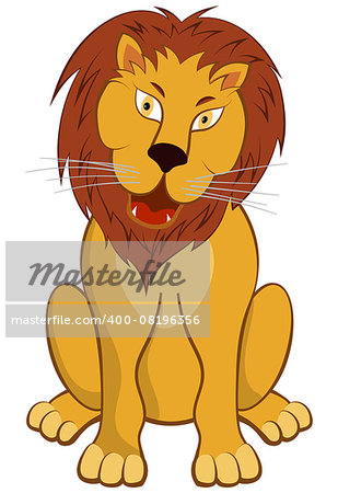 Funny Cartoon Character Lion With Growl Opened Mouth Sitting on a Floor Over White Background. Hand Drawn in Front View Elegant Cute Design. Vector illustration.