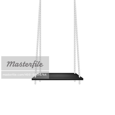 Wooden swing hanging on ropes on white background