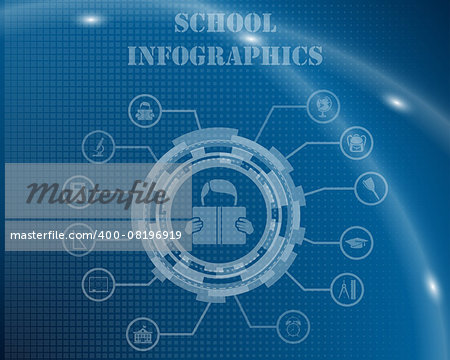 School Infographic Template From Technological Gear Sign, Lines and Icons. Elegant Design With Transparency on Blue Checkered Background With Light Lines and Flash on It. Vector Illustration.