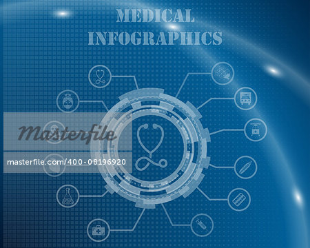 Medical Infographic Template From Technological Gear Sign, Lines and Icons. Elegant Design With Transparency on Blue Checkered Background With Light Lines and Flash on It. Vector Illustration.