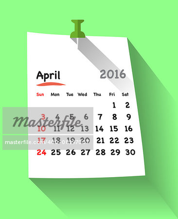 Flat design calendar for april 2016 on sticky note attached with green pin. Sundays first. Vector illustration