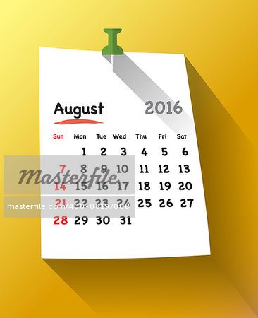 Flat design calendar for august 2016 on sticky note attached with green pin. Sundays first. Vector illustration