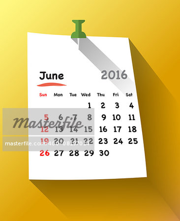 Calendar for june 2016 on orange sticky note attached with red pin. Sundays first. Vector illustration