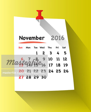 Flat design calendar for november 2016 on sticky note attached with red pin. Sundays first. Vector illustration