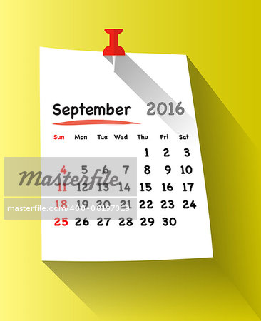 Flat design calendar for september 2016 on sticky note attached with red pin. Sundays first. Vector illustration