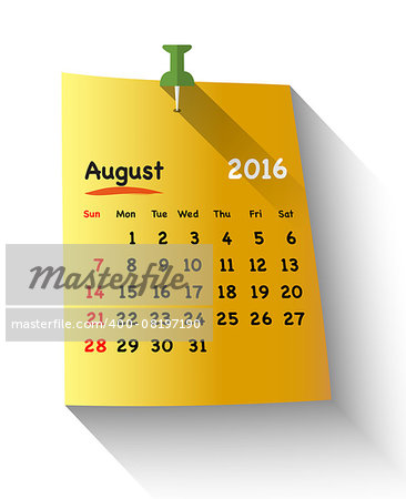 Flat design calendar for august 2016 on sticky note attached with green pin. Sundays first. Vector illustration