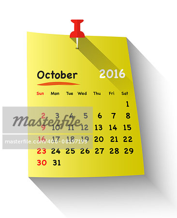 Flat design calendar for october 2016 on sticky note attached with red pin. Sundays first. Vector illustration