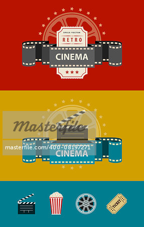 Retro cinematography banners with icons flat design. Eps10 vector illustration. Isolated on white background