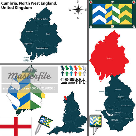 Vector map of Cumbria in North West England, United Kingdom with regions and flags