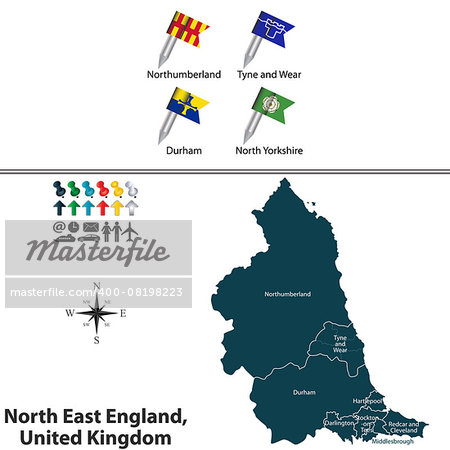 Vector map of North East England, United Kingdom with regions and flags