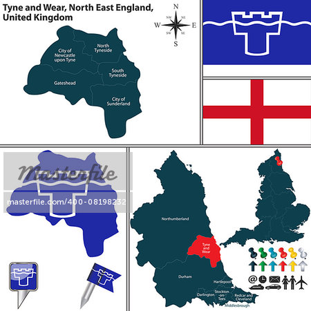 Vector map of Tyne and Wear in North East England, United Kingdom with regions and flags