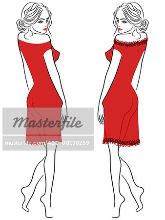 Attractive graceful lady in translucent red dress in two versions, vector outline
