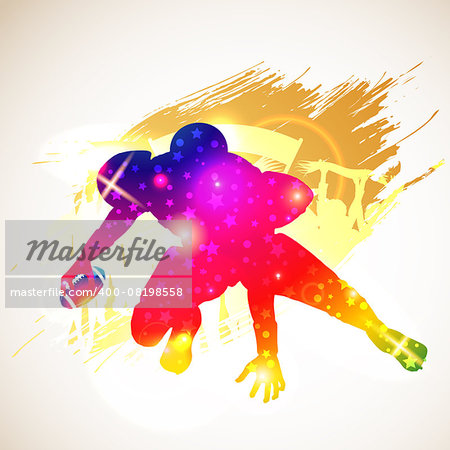 Bright Rainbow Silhouette American Football Player and Fans on grunge background, vector illustration