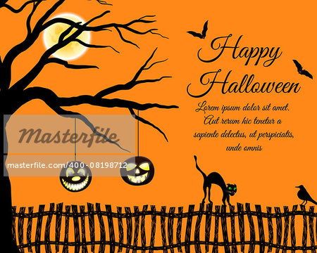 Happy Halloween Greeting Card. Elegant Design With Tree, Bats, Pumpkin, Cat Going on a Fence and Sitting  Raven Over Grunge Orange. Vector illustration.