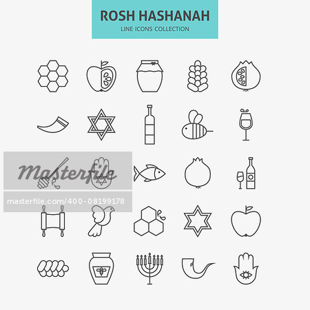 Line Jewish New Year Holiday Icons Big Set. Vector Collection of 25 Autumn Rosh Hashanah Holiday   Modern Thin Line Icons for Web and Mobile. Israel Traditional Icons Bundle