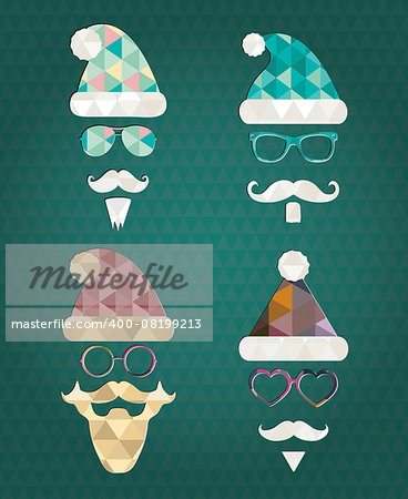 Santa Claus Fashion Colorful Silhouette Hipster Style Icons with Abstract Geometric Triangle Patterns. Christmas Holidays Vector Illustration. Cute Hip Glasses