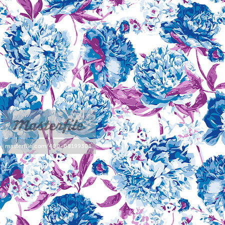 Seamless Pattern with Blue Peonies, Vector Illustration on a White Background