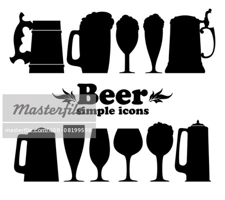 set of black silhouettes of beer mugs and glasses on a white background