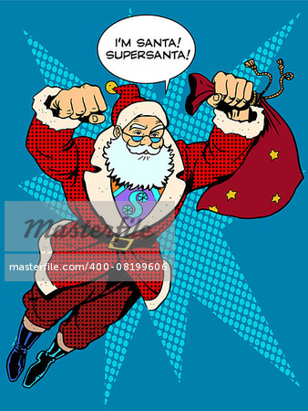 Santa Claus is flying with gifts like a superhero. Retro style pop art