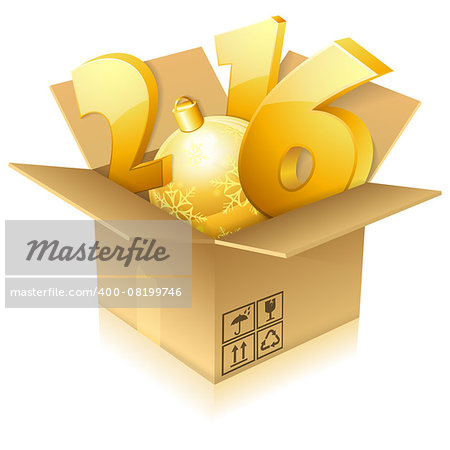 New Year 2016 numbers in Cardboard Box, icon isolated on white. Vector Template for Cover, Flyer, Brochure, Greeting Card.