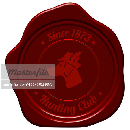 Hunting Vintage Emblem. Silhouette of Setter Head With Hunter Hat and Feather. Suitable for Advertising, Hunt Equipment, Club And Other Use. Dark Red Retro Seal   Style.  Vector Illustration.