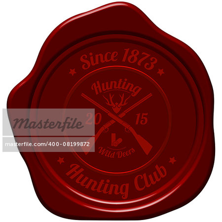 Hunting Vintage Emblem. Cross Hunting Gun With Ammo and Deer Antler Silhouette. Suitable for Advertising, Hunt Equipment, Club And Other Use. Dark Red Retro Seal Style. Vector Illustration.