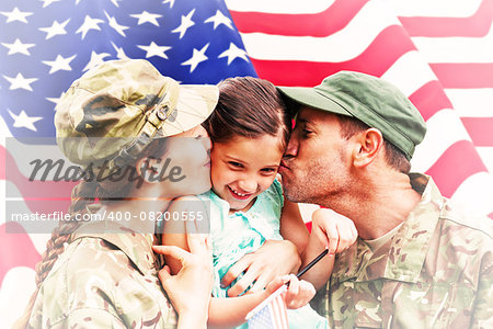 Soldiers reunited with daughter against rippled us flag