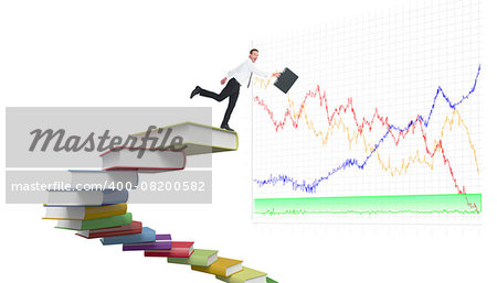 Happy businessman leaping with his briefcase against steps made out of books