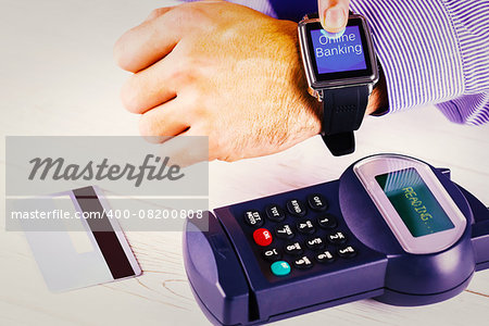 Online banking against man using smart watch to express pay