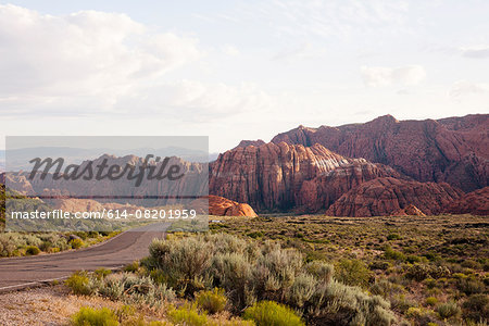 View of Snow Canyon State Park landscape and road, Utah, USA
