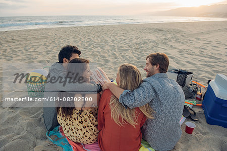 Group of friends having picnic on beach, rear view