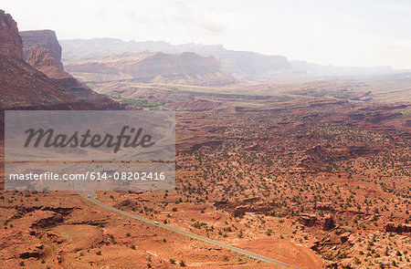 High angle view of distant rural road in valley,  Capitol Reef National Park, Torrey, Utah, USA