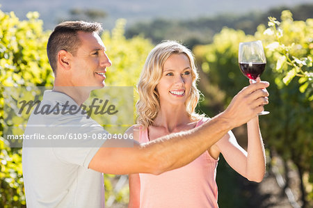 Smiling couple doing wine tasting next to grapevine