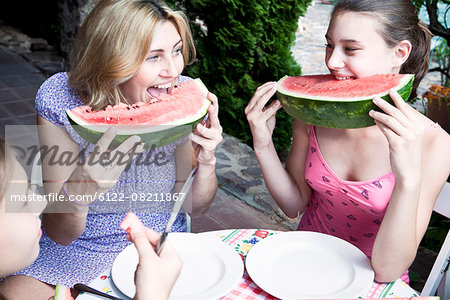 Mother and daughter eating watermelon