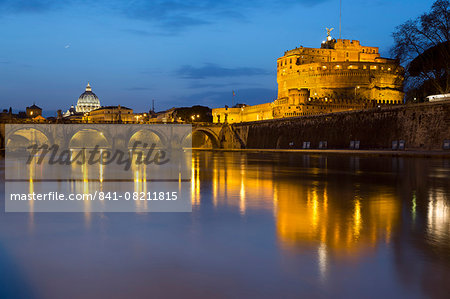 Castel Sant'Angelo and St. Peter's Basilica from the River Tiber at night, Rome, Lazio, Italy, Europe