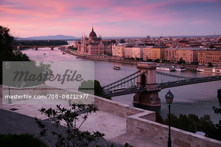 View of Szechenyi Chain Bridge and Hungarian Parliament Building from Hungarian National Gallery at Sunset, Budapest, Hungary