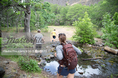 Small group of friends hiking across stream, rear view